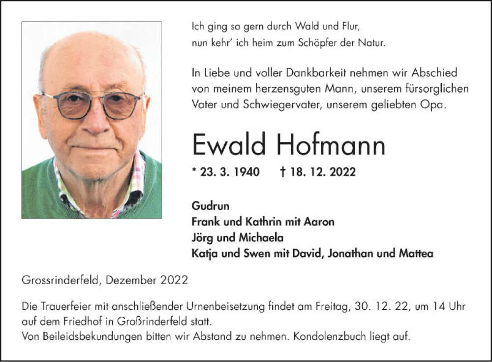  Traueranzeige für Ewald Hofmann vom 24.12.2022 aus Fränkische Nachrichten