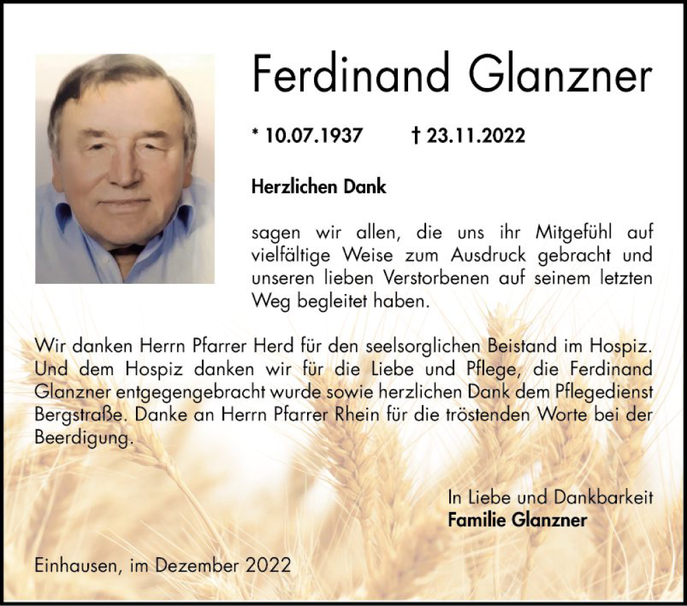  Traueranzeige für Ferdinand Glanzner vom 24.12.2022 aus Bergsträßer Anzeiger