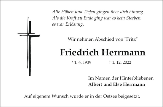Traueranzeige von Friedrich Herrmann von Fränkische Nachrichten