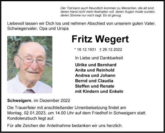 Traueranzeige von Fritz Wegert von Fränkische Nachrichten