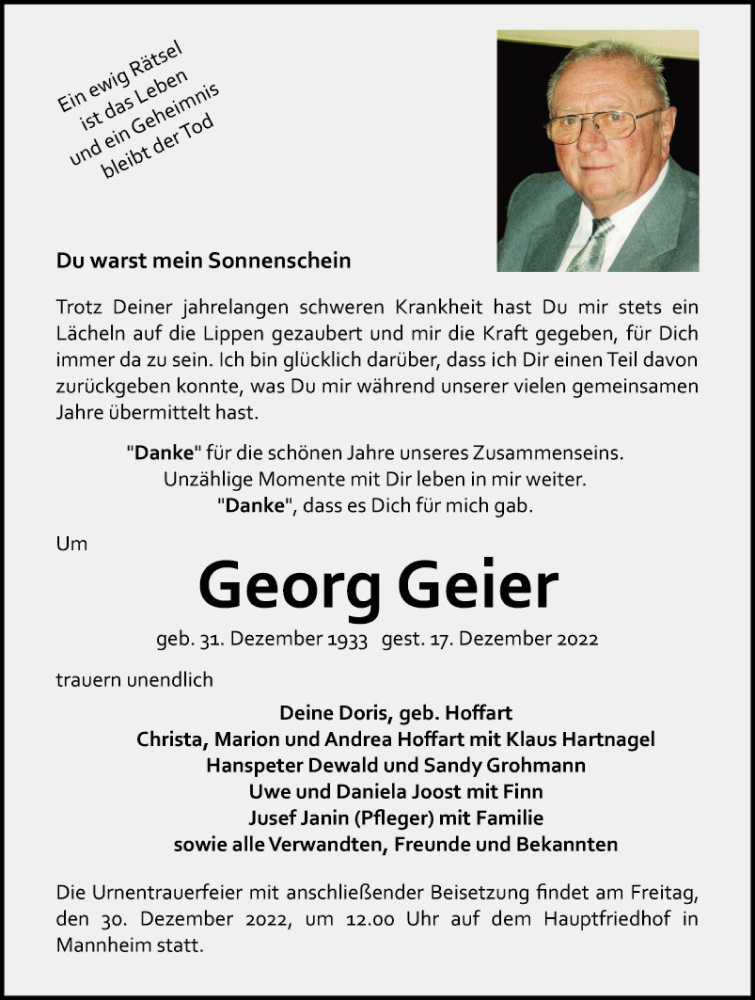  Traueranzeige für Georg Geier vom 24.12.2022 aus Mannheimer Morgen
