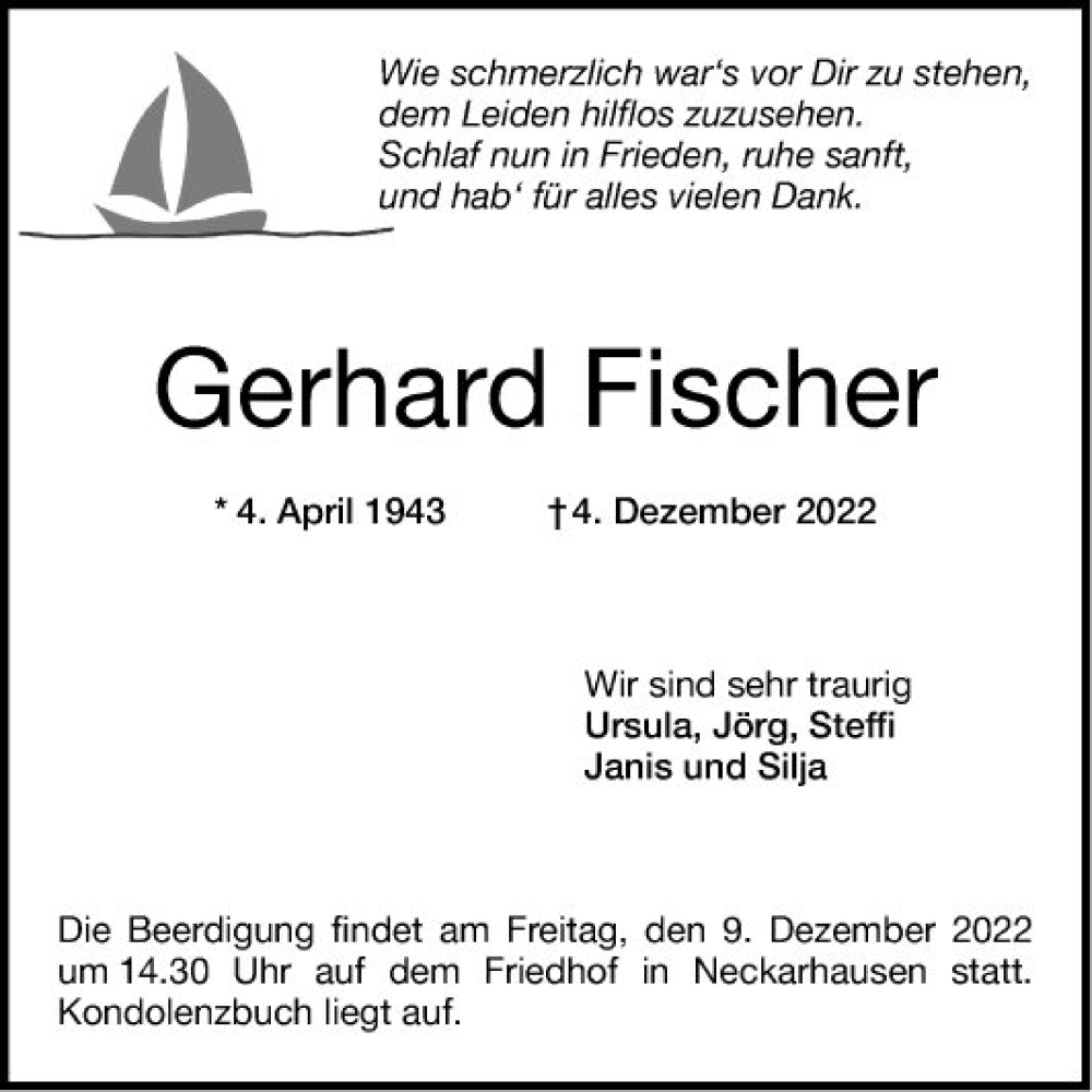  Traueranzeige für Gerhard Fischer vom 07.12.2022 aus Mannheimer Morgen