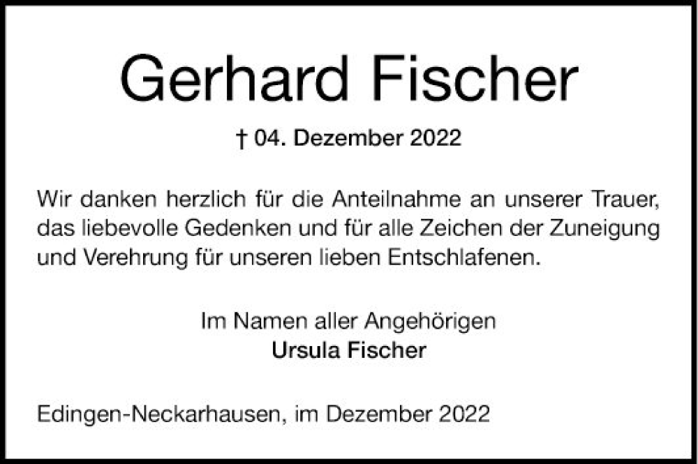  Traueranzeige für Gerhard Fischer vom 17.12.2022 aus Mannheimer Morgen