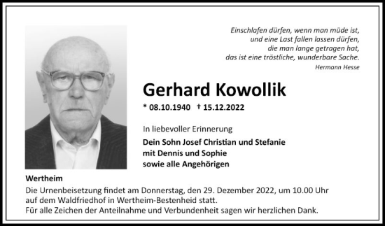 Traueranzeige von Gerhard Kowollik von Fränkische Nachrichten