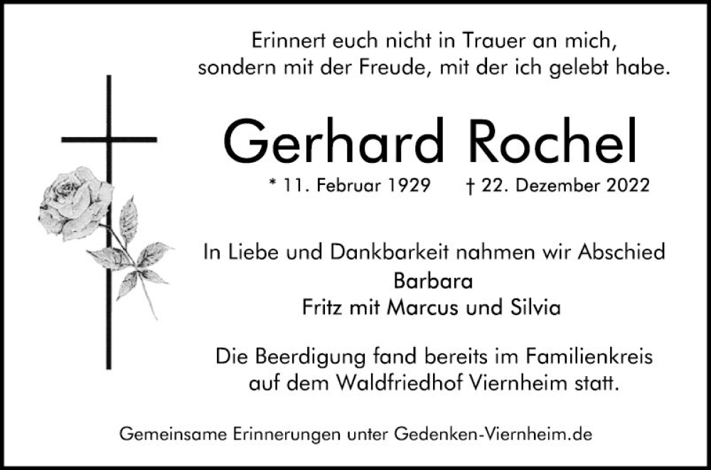  Traueranzeige für Gerhard Rochel vom 31.12.2022 aus Mannheimer Morgen