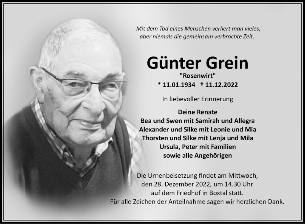  Traueranzeige für Günter Grein vom 24.12.2022 aus Fränkische Nachrichten