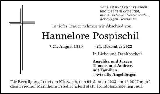 Traueranzeige von Hannelore Pospischil von Mannheimer Morgen