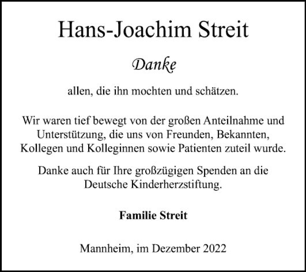  Traueranzeige für Hans-Joachim Streit vom 10.12.2022 aus Mannheimer Morgen