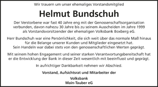 Traueranzeige von Helmut Bundschuh von Fränkische Nachrichten
