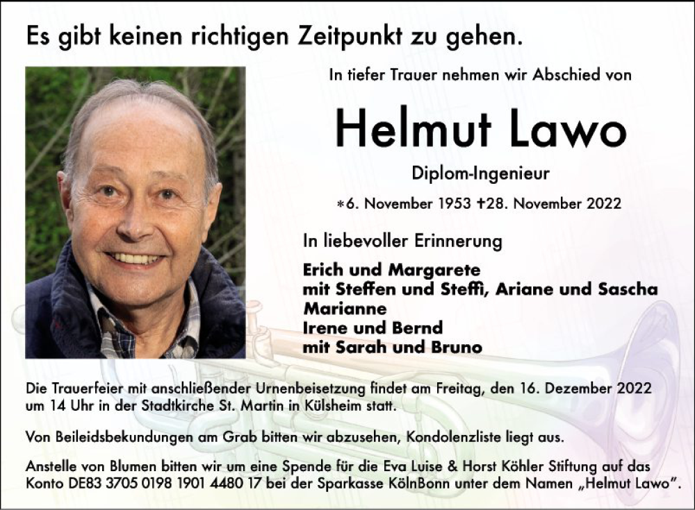  Traueranzeige für Helmut Lawo vom 10.12.2022 aus Fränkische Nachrichten