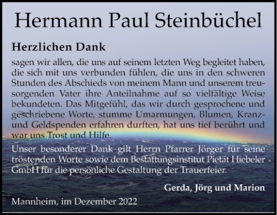 Traueranzeige von Hermann Paul Steinbüchel von Mannheimer Morgen