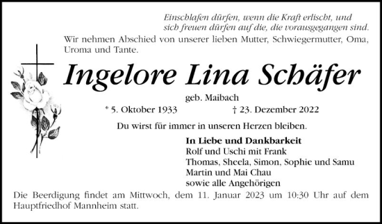 Traueranzeige von Ingelore Lina Schäfer von Mannheimer Morgen