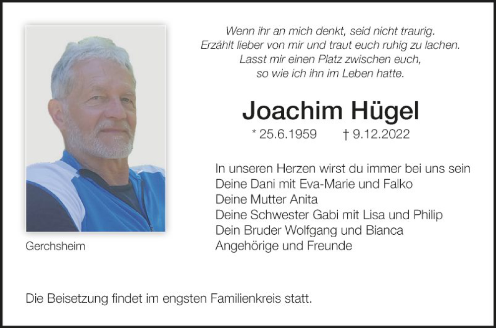  Traueranzeige für Joachim Hügel vom 17.12.2022 aus Fränkische Nachrichten