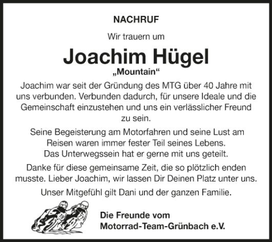 Traueranzeige von Joachim Hügel von Fränkische Nachrichten