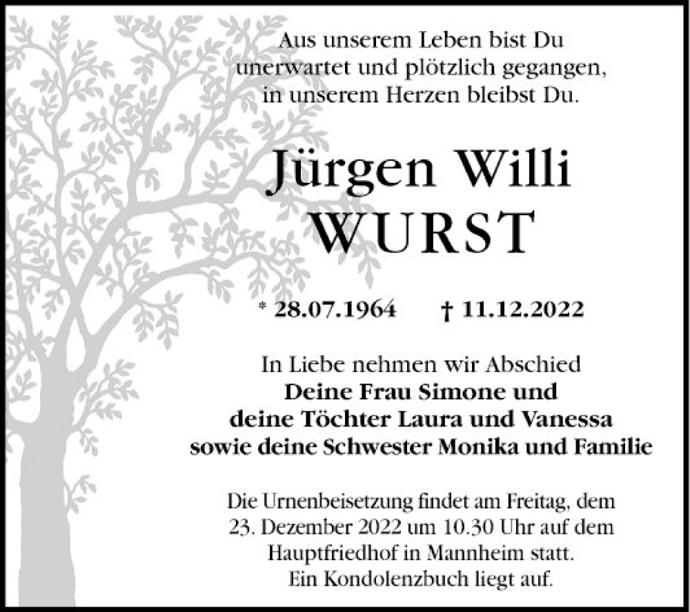  Traueranzeige für Jürgen Willi vom 21.12.2022 aus Mannheimer Morgen