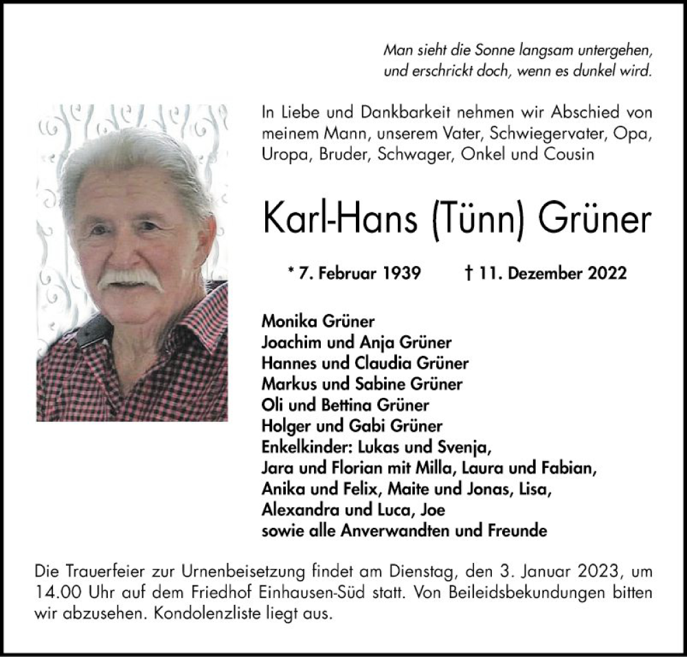  Traueranzeige für Karl-Hans Grüner vom 31.12.2022 aus Bergsträßer Anzeiger