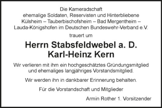 Traueranzeige von Karl-Heinz Kern von Fränkische Nachrichten