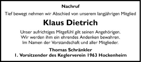 Traueranzeige von Klaus Dietrich von Schwetzinger Zeitung