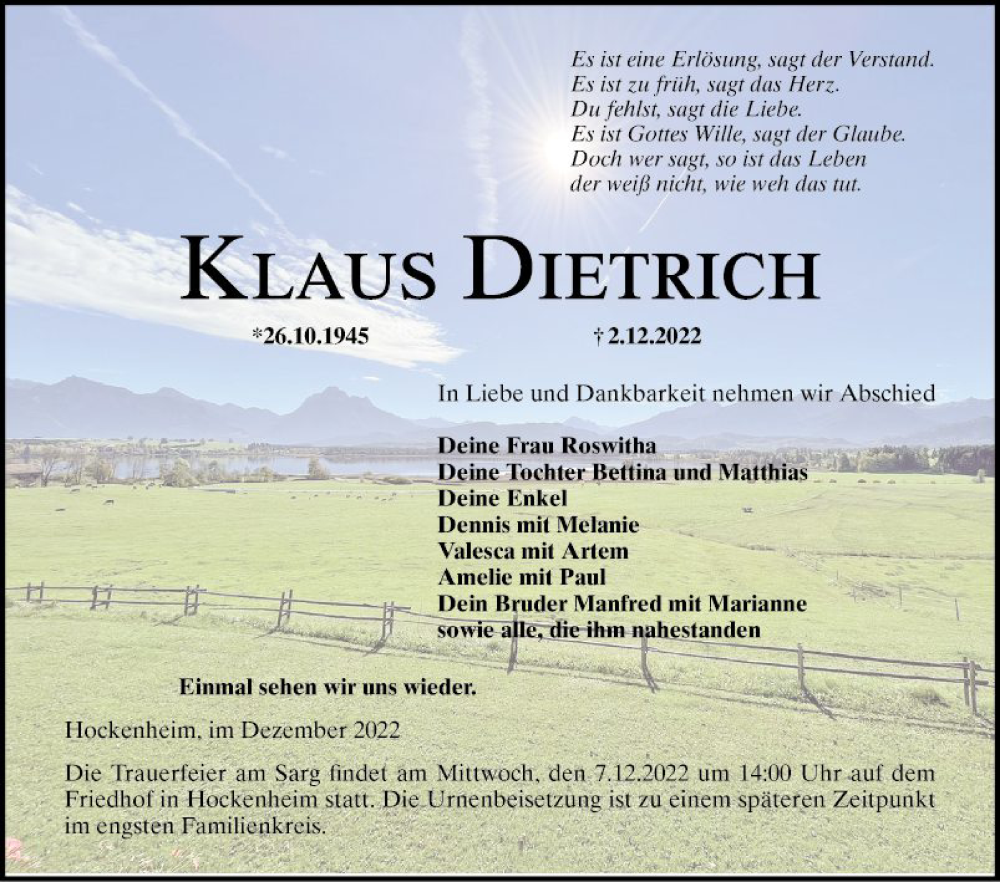  Traueranzeige für Klaus Dietrich vom 06.12.2022 aus Schwetzinger Zeitung