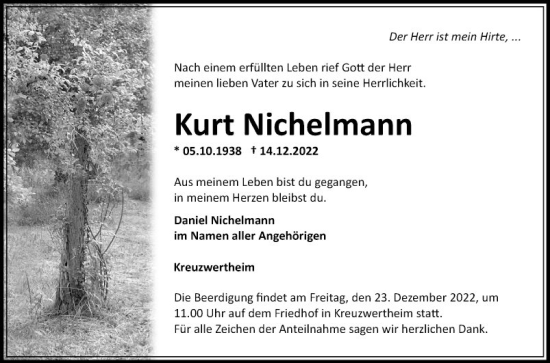 Traueranzeige von Kurt Nichelmann von Fränkische Nachrichten