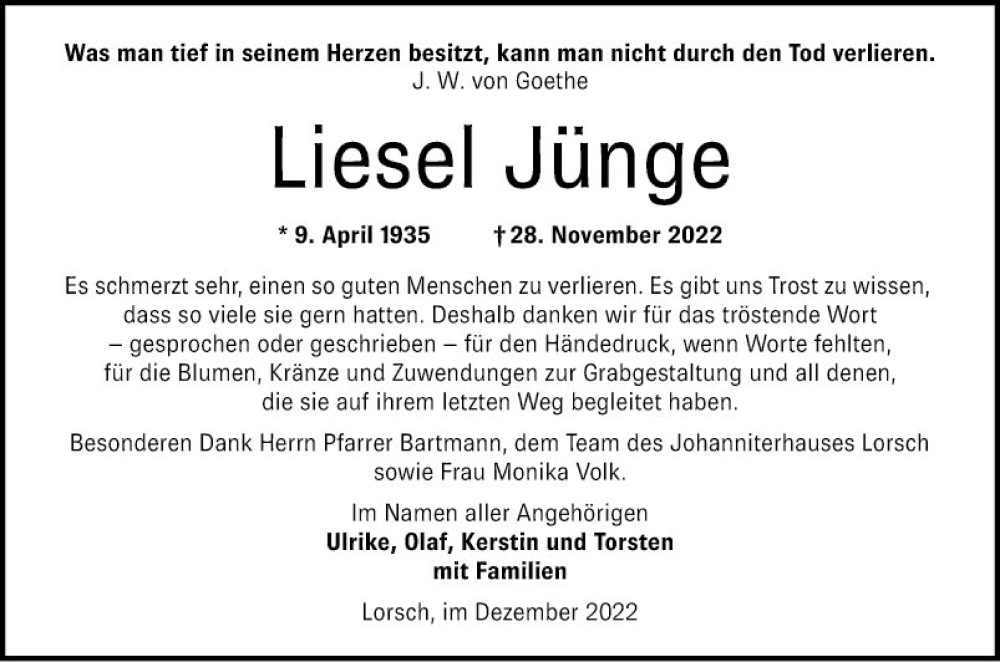  Traueranzeige für Liesel Jünge vom 17.12.2022 aus Bergsträßer Anzeiger
