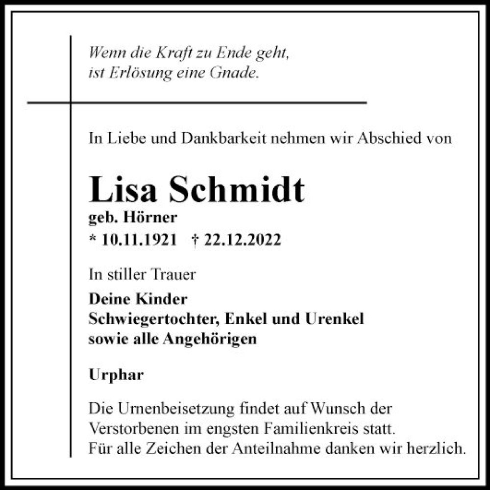 Traueranzeige für Lisa Schmidt vom 31.12.2022 aus Fränkische Nachrichten
