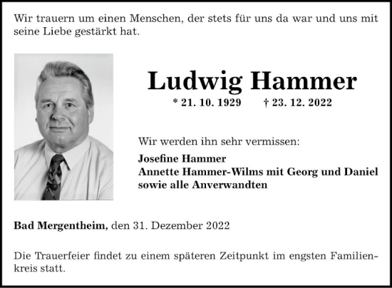 Traueranzeige von Ludwig Hammer von Fränkische Nachrichten