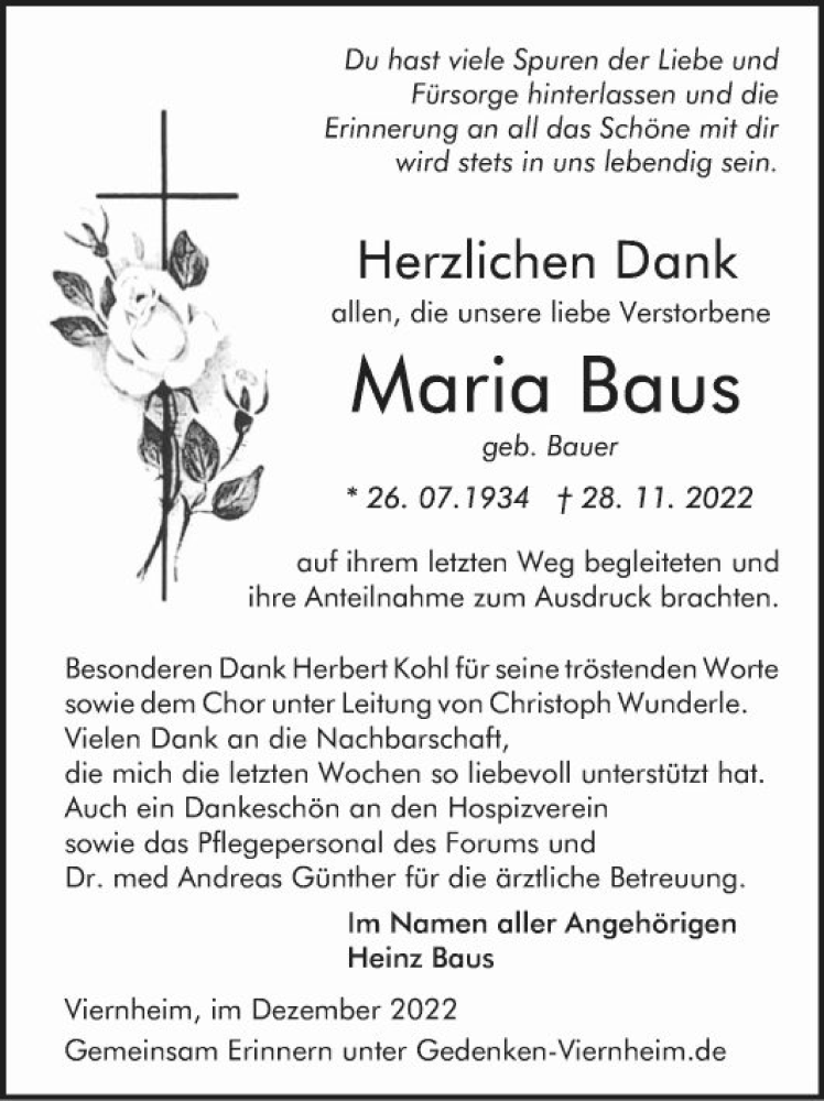  Traueranzeige für Maria Baus vom 16.12.2022 aus Mannheimer Morgen
