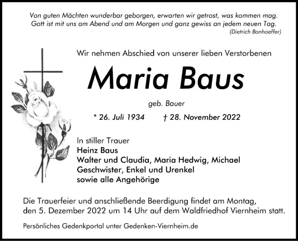  Traueranzeige für Maria Baus vom 02.12.2022 aus Mannheimer Morgen