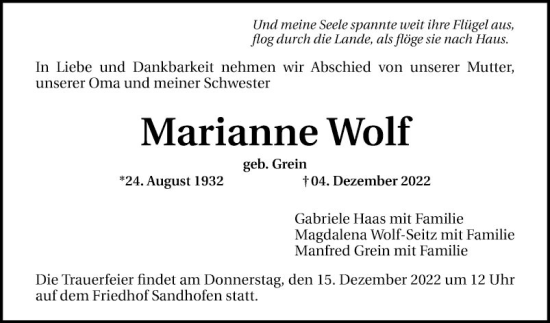 Traueranzeige von Marianne Wolf von Mannheimer Morgen