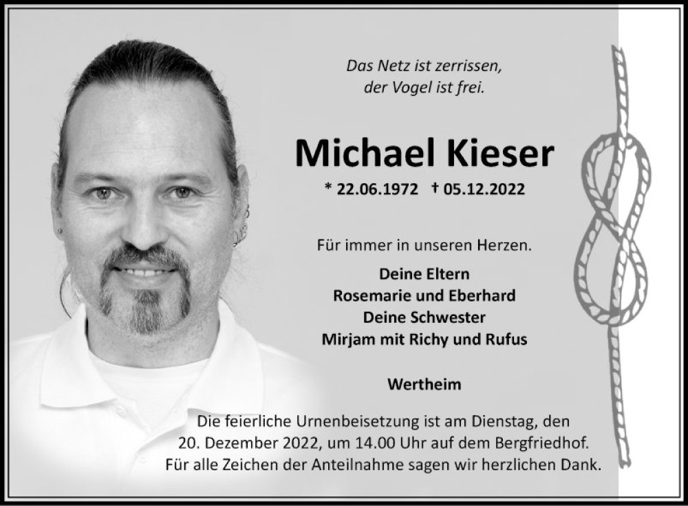  Traueranzeige für Michael Kieser vom 14.12.2022 aus Fränkische Nachrichten