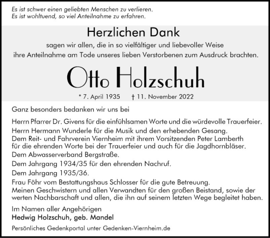 Traueranzeige von Otto Holzschuh von Mannheimer Morgen