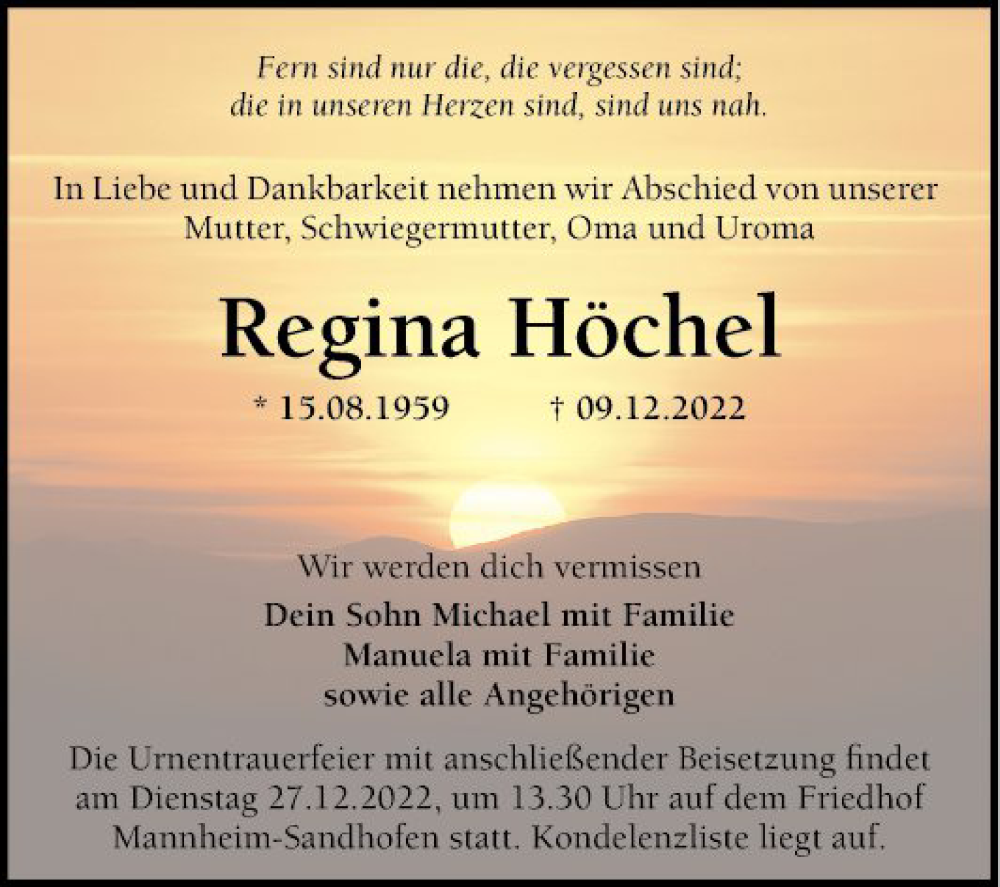  Traueranzeige für Regina Höchel vom 21.12.2022 aus Mannheimer Morgen