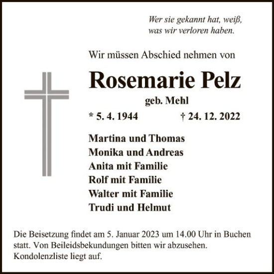 Traueranzeige von Rosemarie Pelz von Fränkische Nachrichten