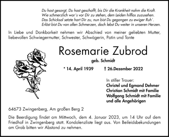 Traueranzeige von Rosemarie Zubrod von Bergsträßer Anzeiger