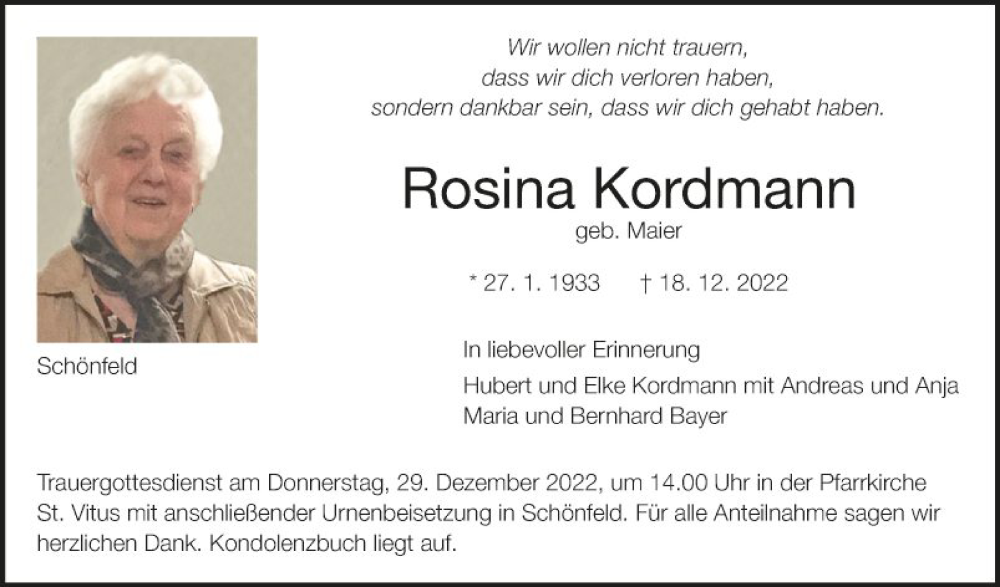  Traueranzeige für Rosina Kordmann vom 24.12.2022 aus Fränkische Nachrichten