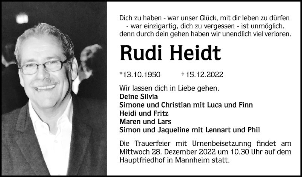  Traueranzeige für Rudi Heidt vom 24.12.2022 aus Mannheimer Morgen