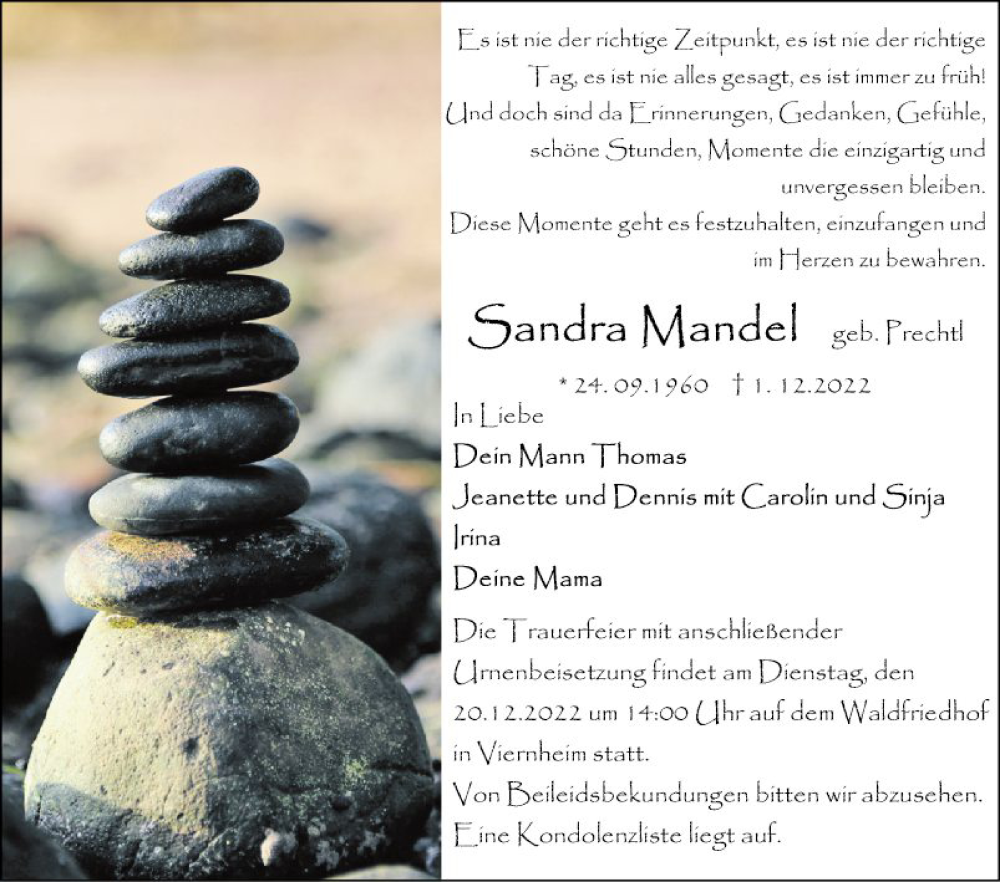 Traueranzeige für Sandra Mandel vom 17.12.2022 aus Mannheimer Morgen