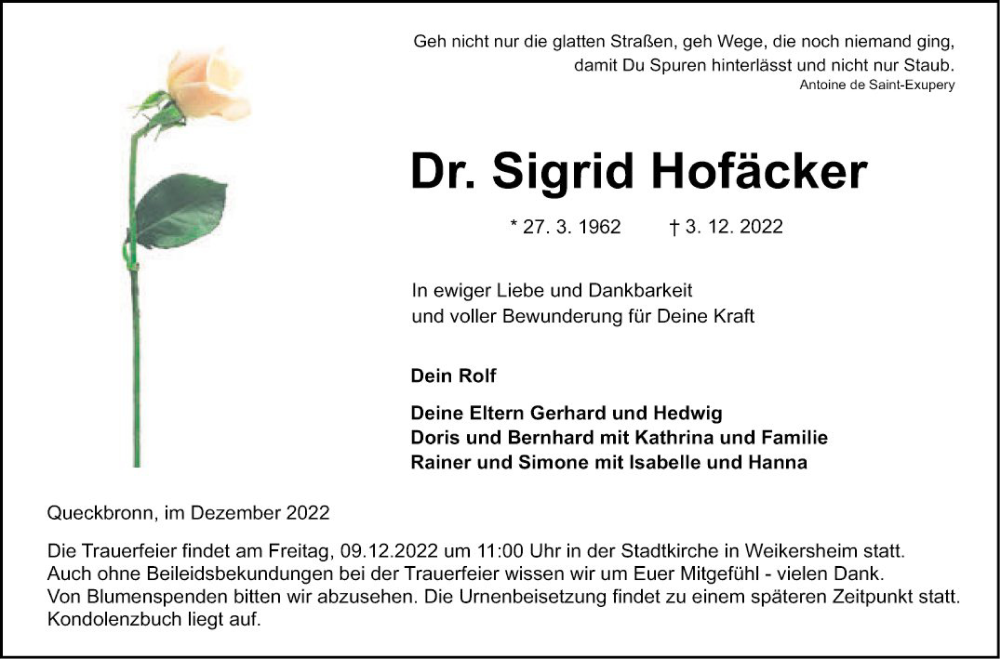  Traueranzeige für Sigrid Hofäcker vom 07.12.2022 aus Fränkische Nachrichten