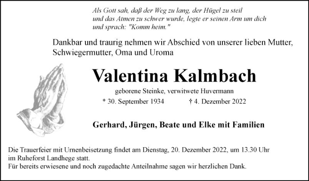  Traueranzeige für Valentina Kalmbach vom 15.12.2022 aus Fränkische Nachrichten