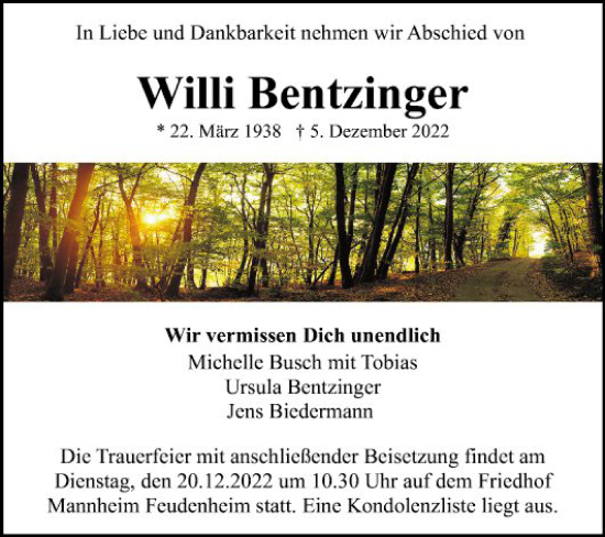 Traueranzeige von Willi Bentzinger von Mannheimer Morgen