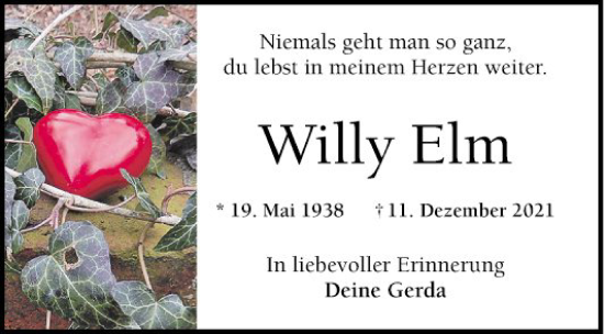 Traueranzeige von Willy Elm von Mannheimer Morgen