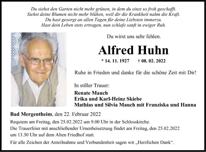  Traueranzeige für Alfred Huhn vom 22.02.2022 aus Fränkische Nachrichten