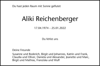 Traueranzeige von Aliki Reichenberger von Mannheimer Morgen