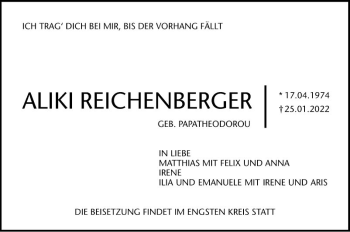 Traueranzeige von Aliki Reichenberger von Mannheimer Morgen