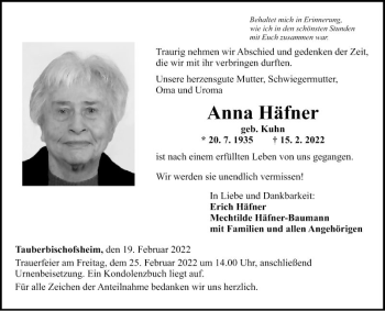 Traueranzeige von Anna Häfner von Fränkische Nachrichten