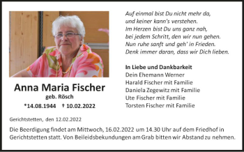 Traueranzeige von Anna Maria Fischer von Fränkische Nachrichten