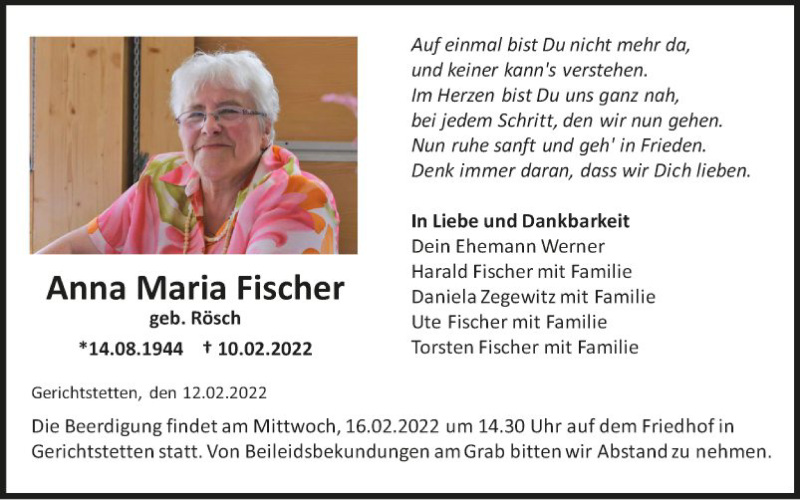  Traueranzeige für Anna Maria Fischer vom 12.02.2022 aus Fränkische Nachrichten