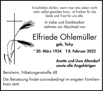 Traueranzeige von Elfriede Ohlemüller von Bergsträßer Anzeiger