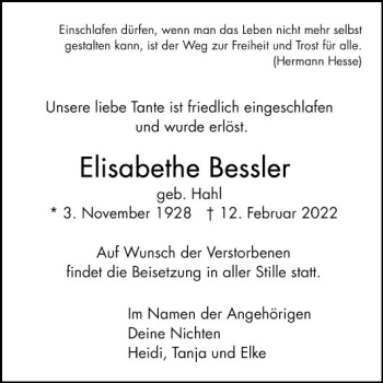 Traueranzeige von Elisabethe Bessler von Mannheimer Morgen